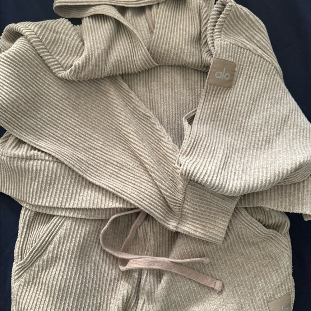 ALO Yoga Ribbed Hoodie and Joggers Set in Beige